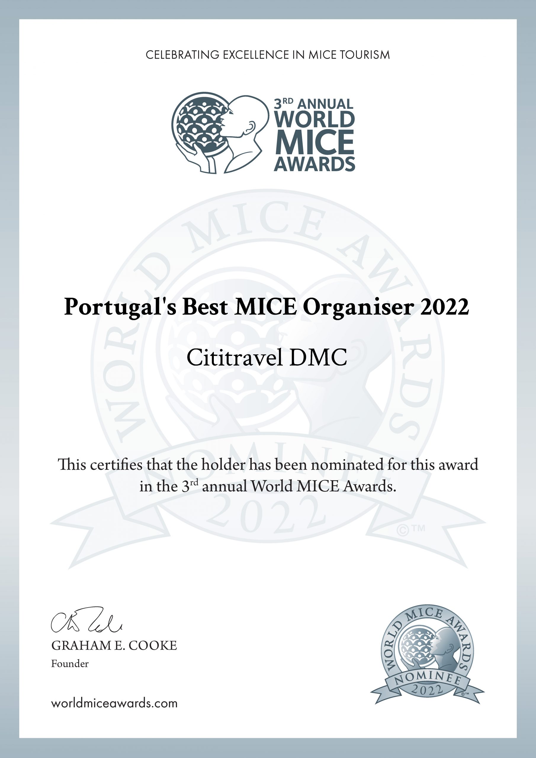 Portugals Best Mice Organiser 2022 Nominee Certificate CITITRAVEL DMC