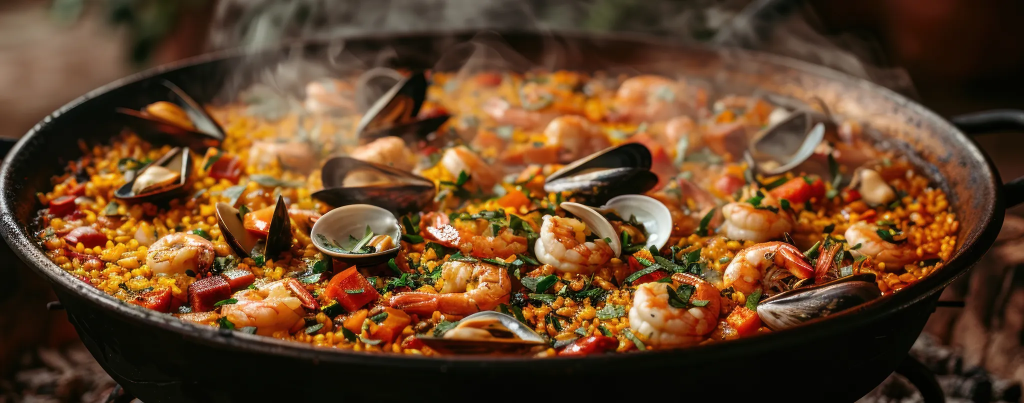 Une paella aux fruits de mer fumante dans son plat, avec crevettes, moules et palourdes sur un riz au safran