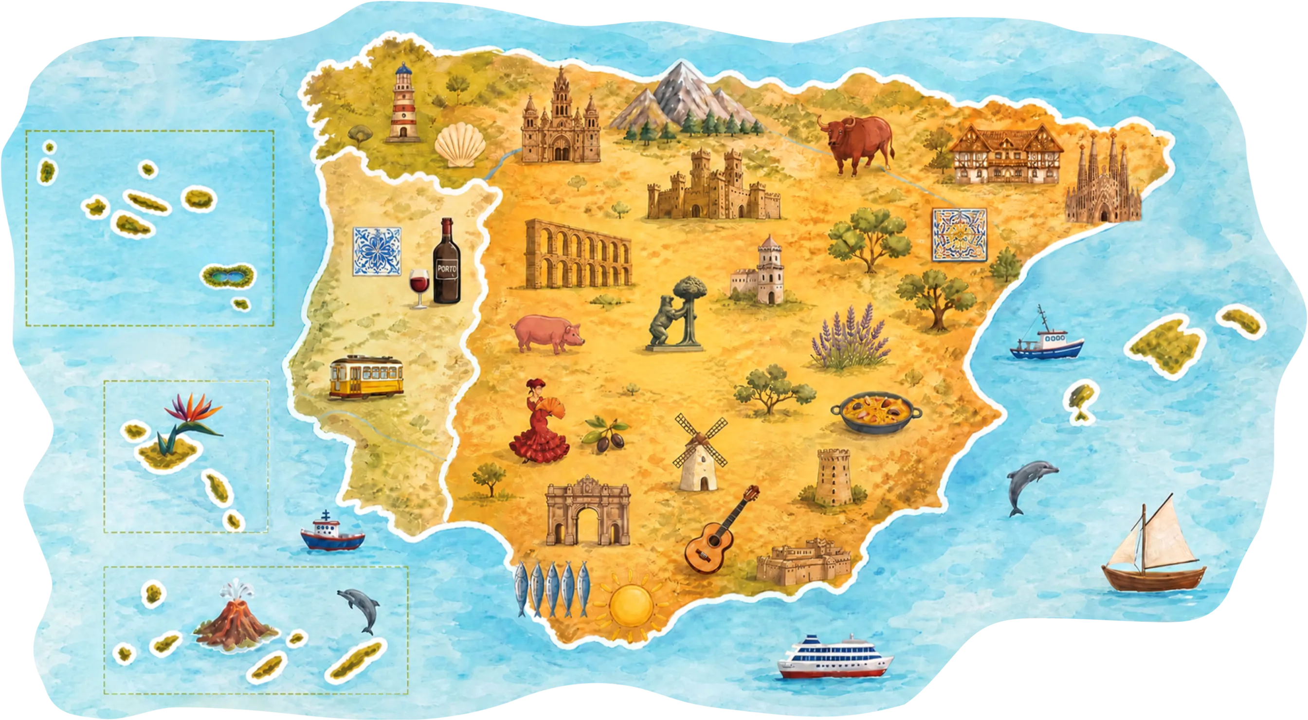 Carte illustrée de l'Espagne et du Portugal avec les destinations de Cititravel